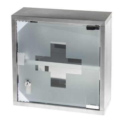 Metal first aid cabinet with glass doors, gray.