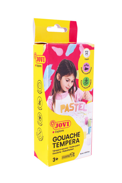 Guašas tempera JOVI, 15 ml, 6 pastelinių spalvų rinkinys su teptuku