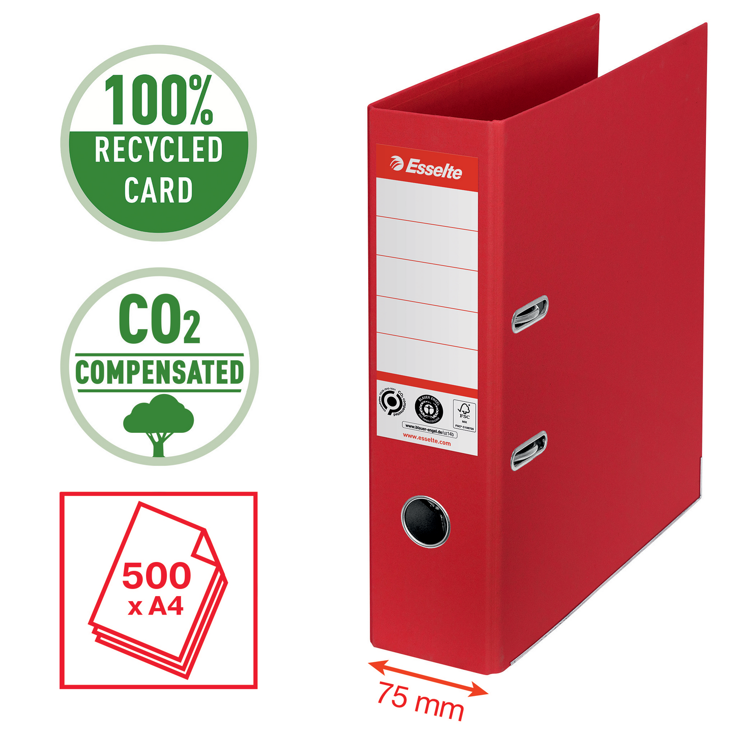 Binder ESSELTE No1 eco-friendly, A4, cardboard, 75 mm, red