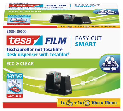 Stalinis lipnios juostelės dėklas TESA Easy Cut Smart su Tesafilm ekologiška ir skaidria juostele, 15mm x 10m