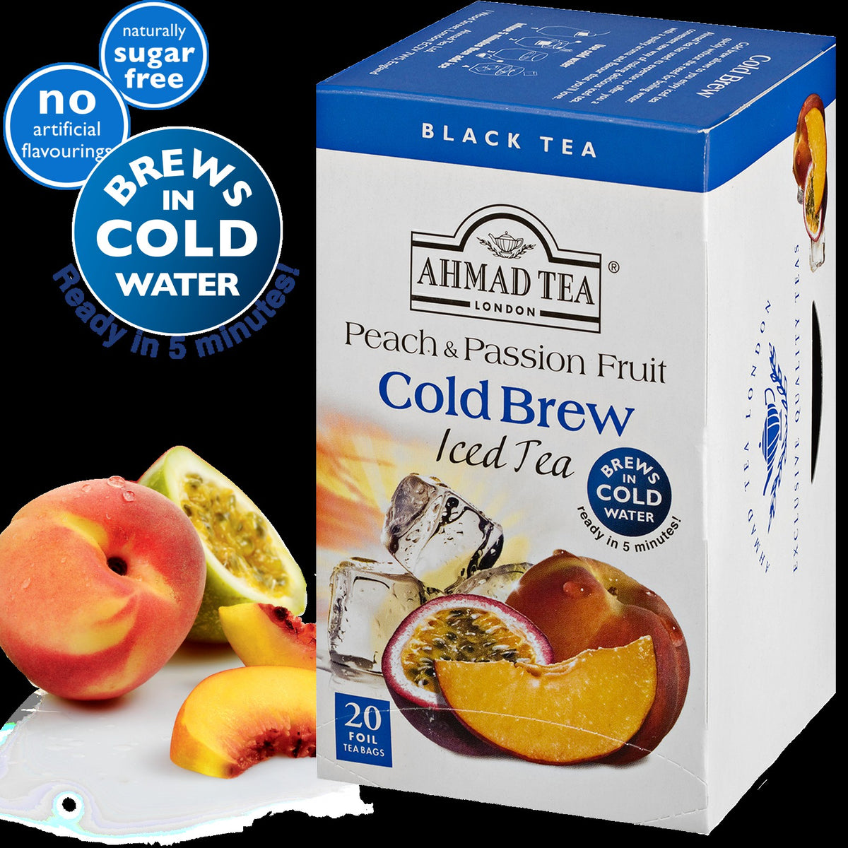 Šaltoji juodoji arbata AHMAD Peach & Passion Fruit, 20 folijos pakelių