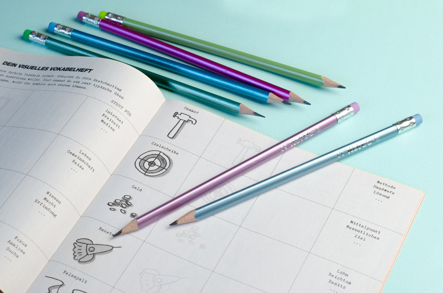Graphite pencil set KORES GRAFITOS STYLE with eraser, trihedral, HB, 6 metallic colors