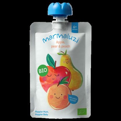 Tyrelė MARMALUZI, ekologiška su obouliais, kriaušėmis ir persikais nuo 6 mėnesių, 90 g EKO-001