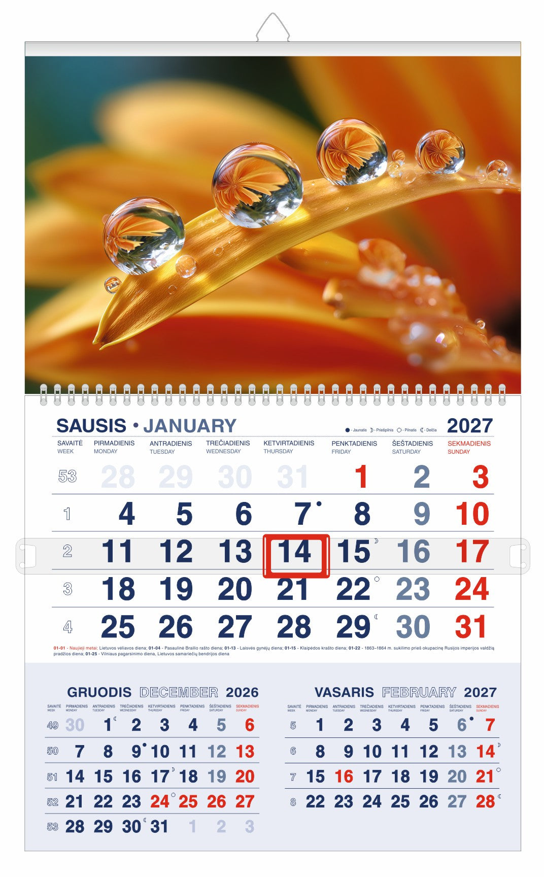 Hanging calendar SEA WAVE 2026, three in one