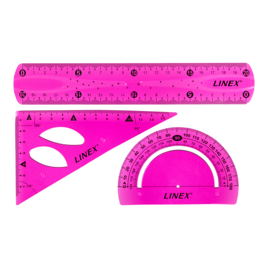 Linex flexible ruler set with 20 cm ruler, protractor and triangular ruler, pink